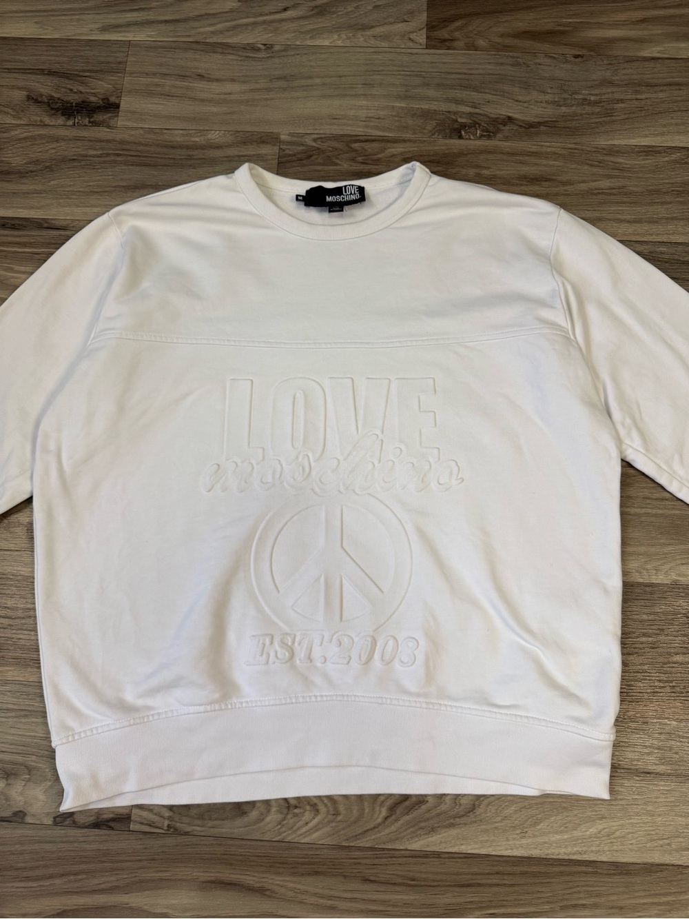 Love Moschino Embossed Peace Sign Pullover Sweatshirt in While Size Medium